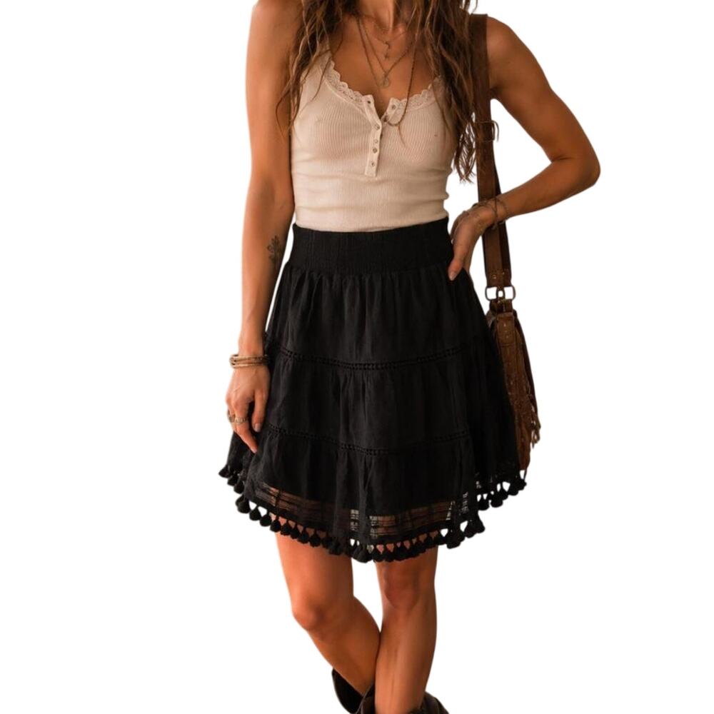 Black tiered boho layered skirt with tassels Size S